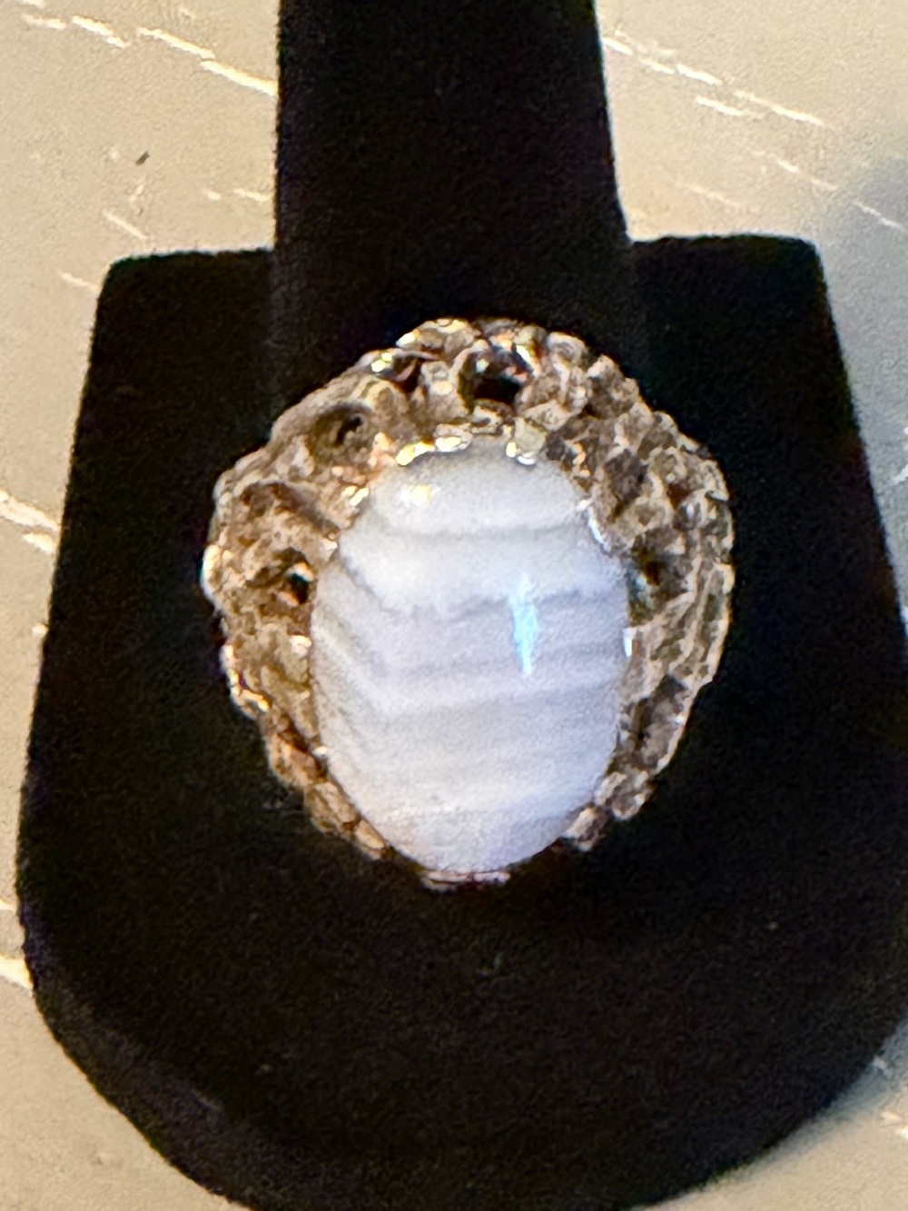 Vintage Brutalist style Silver and Banded Blue Agate Statement Ring